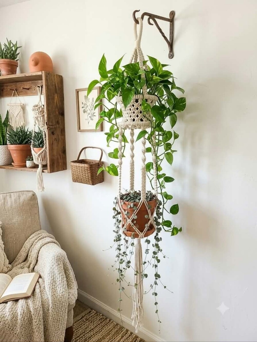 Handcrafted Macrame Wall Plant Hanger in Cream